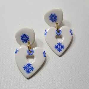 Elegant Heart-Shaped Earrings with Blue Floral Design